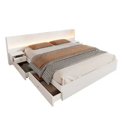 Lit adulte de rangement 180x200cm en bois - avec prises USB et LED - 2 tables de chevet & 2 tiroirs - Blanc><noscript><img width=
