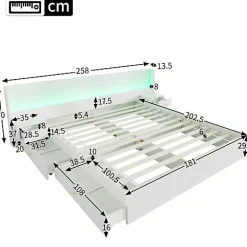 Lit adulte de rangement 180x200cm en bois - avec prises USB et LED - 2 tables de chevet & 2 tiroirs - Blanc><noscript><img width=