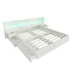 Lit adulte de rangement 180x200cm en bois - avec prises USB et LED - 2 tables de chevet & 2 tiroirs - Blanc><noscript><img width=