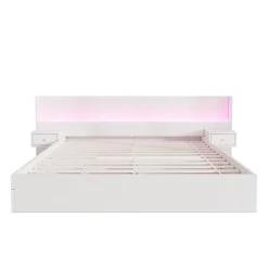 Lit adulte de rangement 180x200cm en bois - avec prises USB et LED - 2 tables de chevet & 2 tiroirs - Blanc><noscript><img width=