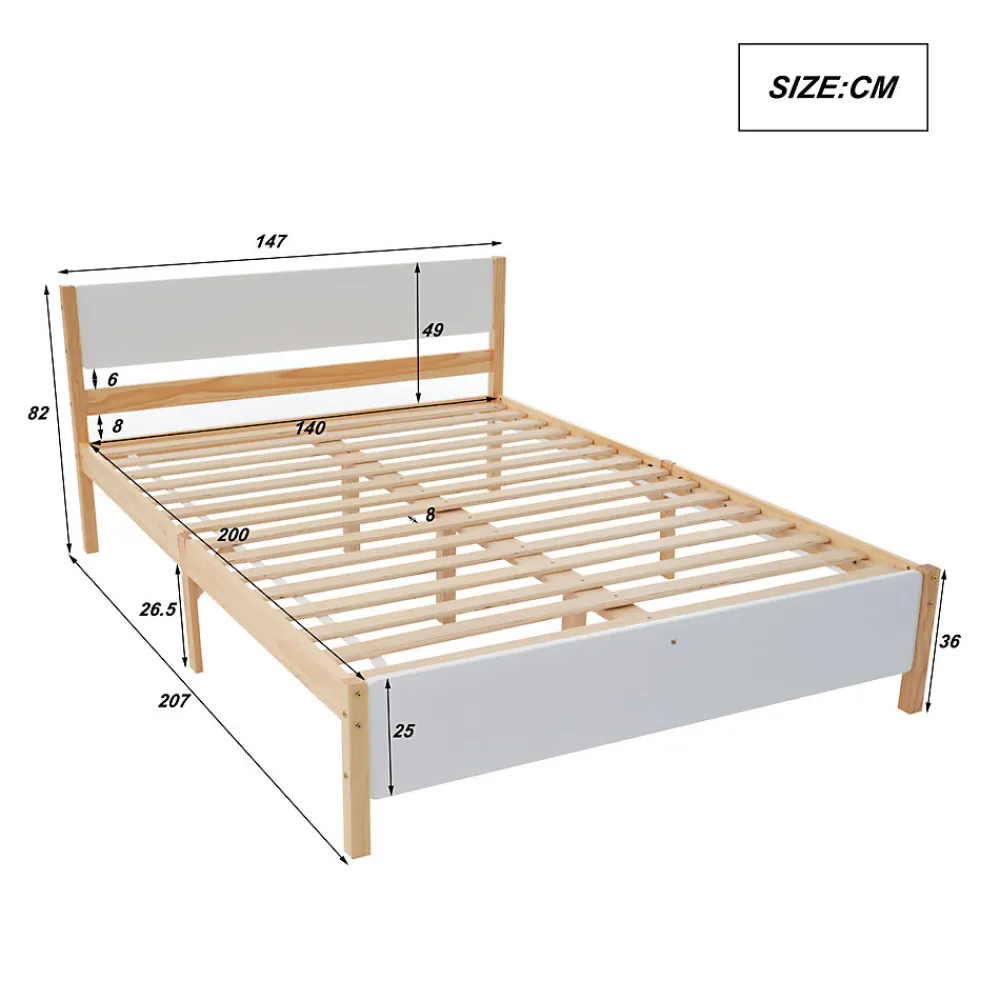 Lit adulte double en bois - cadre en pin avec tête de lit et sommier à lattes lit en MDF blanc + naturel - 140x200 cm>ProximaX Discount