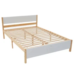 Lit adulte double en bois - cadre en pin avec tête de lit et sommier à lattes lit en MDF blanc + naturel - 140x200 cm><noscript><img width=