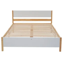 Lit adulte double en bois - cadre en pin avec tête de lit et sommier à lattes lit en MDF blanc + naturel - 140x200 cm><noscript><img width=