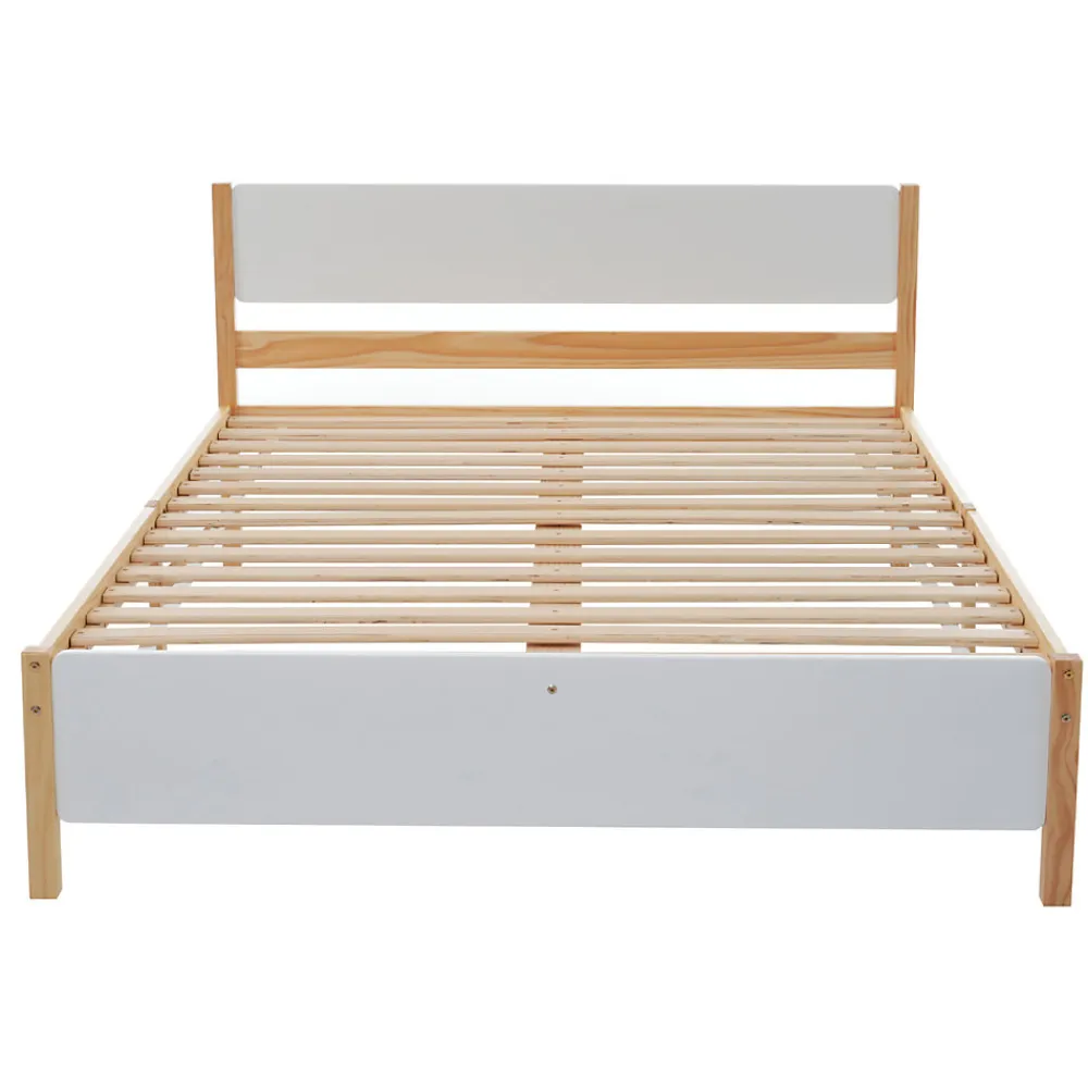 Lit adulte double en bois - cadre en pin avec tête de lit et sommier à lattes lit en MDF blanc + naturel - 140x200 cm>ProximaX Discount