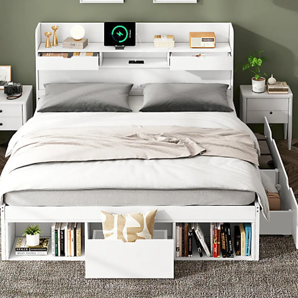 Lit adulte en MDF 180x200 cm - Avec port de recharge et rangements multifonctionnels - Blanc (matelas non inclus)>ModernLuxe Outlet