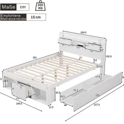 Lit adulte en MDF 180x200 cm - Avec port de recharge et rangements multifonctionnels - Blanc (matelas non inclus)><noscript><img width=