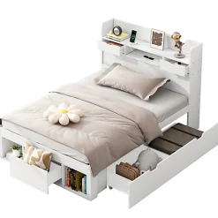 Lit adulte en MDF 90x200 cm - Avec port de recharge et rangements multifonctionnels - Blanc (matelas non inclus)><noscript><img width=