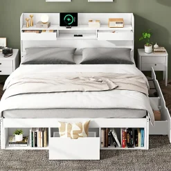 Lit adulte en MDF 140x200 cm - Avec port de recharge et rangements multifonctionnels - Blanc (matelas non inclus)><noscript><img width=