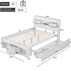 Lit adulte en MDF 140x200 cm - Avec port de recharge et rangements multifonctionnels - Blanc (matelas non inclus)><noscript><img width=