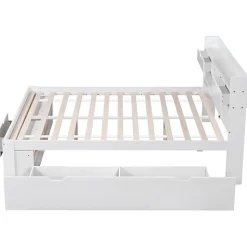 Lit adulte en MDF 140x200 cm - Avec port de recharge et rangements multifonctionnels - Blanc (matelas non inclus)><noscript><img width=