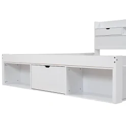 Lit adulte en MDF 140x200 cm - Avec port de recharge et rangements multifonctionnels - Blanc (matelas non inclus)><noscript><img width=