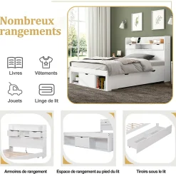 ModernLuxe Lit adulte en MDF 135x190 cm - Avec port de recharge et rangements multifonctionnels - Blanc (matelas non inclus)* Lit Avec Rangement
