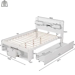 ModernLuxe Lit adulte en MDF 135x190 cm - Avec port de recharge et rangements multifonctionnels - Blanc (matelas non inclus)* Lit Avec Rangement
