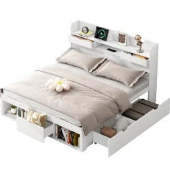 ModernLuxe Lit adulte en MDF 135x190 cm - Avec port de recharge et rangements multifonctionnels - Blanc (matelas non inclus)* Lit Avec Rangement