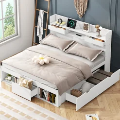 Lit adulte en MDF 140x190 cm - Avec port de recharge et rangements multifonctionnels - Blanc (matelas non inclus)>ModernLuxe Online