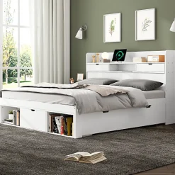 Lit adulte en MDF 140x190 cm - Avec port de recharge et rangements multifonctionnels - Blanc (matelas non inclus)><noscript><img width=