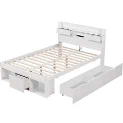 Lit adulte en MDF 140x190 cm - Avec port de recharge et rangements multifonctionnels - Blanc (matelas non inclus)><noscript><img width=