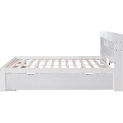 Lit adulte en MDF 140x190 cm - Avec port de recharge et rangements multifonctionnels - Blanc (matelas non inclus)><noscript><img width=