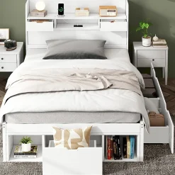 ModernLuxe Lit adulte en MDF 90x190 cm - Avec port de recharge et rangements multifonctionnels - Blanc (matelas non inclus)* Lit Avec Rangement