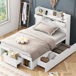 ModernLuxe Lit adulte en MDF 90x190 cm - Avec port de recharge et rangements multifonctionnels - Blanc (matelas non inclus)* Lit Avec Rangement