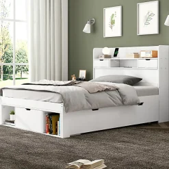 ModernLuxe Lit adulte en MDF 90x190 cm - Avec port de recharge et rangements multifonctionnels - Blanc (matelas non inclus)* Lit Avec Rangement