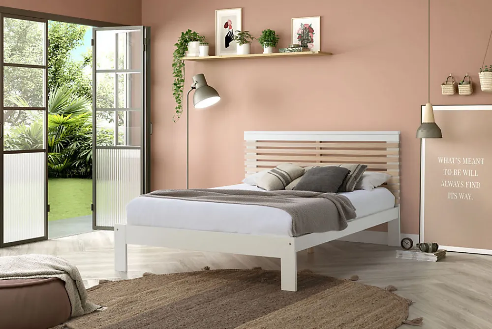 Lit adulte en pin et MDF coloris blanc, naturel - Longueur 197,7 x Profondeur 153,2 x Hauteur 100 cm>Pegane Hot