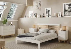 Lit adulte en pin et MDF coloris blanc, naturel - Longueur 197,7 x Profondeur 153,2 x Hauteur 100 cm><noscript><img width=