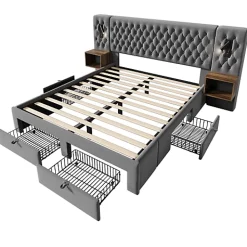 ModernLuxe Lit adulte en velours 160x200 cm - avec 2 chevets et 4 tiroirs - 2 liseuses avec prise USB - Gris (matelas non inclus)* Lit Avec Rangement