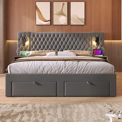 ModernLuxe Lit adulte en velours 160x200 cm - avec 2 chevets et 4 tiroirs - 2 liseuses avec prise USB - Gris (matelas non inclus)* Lit Avec Rangement