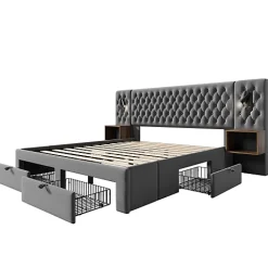 ModernLuxe Lit adulte en velours 160x200 cm - avec 2 chevets et 4 tiroirs - 2 liseuses avec prise USB - Gris (matelas non inclus)* Lit Avec Rangement