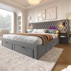 ModernLuxe Lit adulte en velours 160x200 cm - avec 2 chevets et 4 tiroirs - 2 liseuses avec prise USB - Gris (matelas non inclus)* Lit Avec Rangement