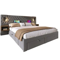 ModernLuxe Lit adulte en velours 160x200 cm - avec 2 chevets et 4 tiroirs - 2 liseuses avec prise USB - Gris (matelas non inclus)* Lit Avec Rangement