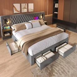 ModernLuxe Lit adulte en velours 160x200 cm - avec 2 chevets et 4 tiroirs - 2 liseuses avec prise USB - Gris (matelas non inclus)* Lit Avec Rangement