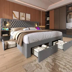 ModernLuxe Lit adulte en velours 160x200 cm - avec 2 chevets et 4 tiroirs - 2 liseuses avec prise USB - Gris (matelas non inclus)* Lit Avec Rangement