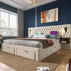 Lit adulte en velours 180x200 cm - avec 2 chevets et 4 tiroirs - 2 liseuses avec prise USB - Beige (matelas non inclus)>ModernLuxe