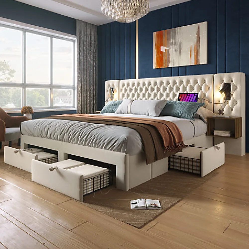 Lit adulte en velours 180x200 cm - avec 2 chevets et 4 tiroirs - 2 liseuses avec prise USB - Beige (matelas non inclus)>ModernLuxe