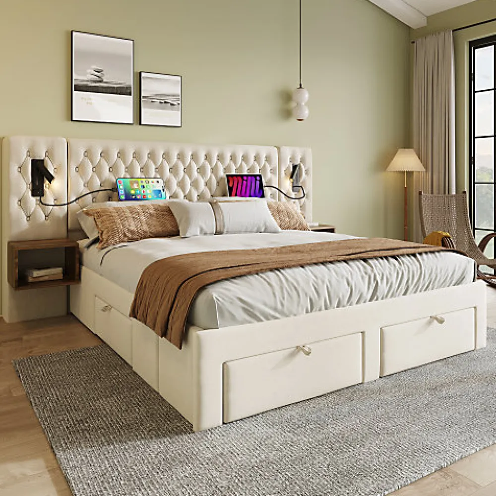 Lit adulte en velours 180x200 cm - avec 2 chevets et 4 tiroirs - 2 liseuses avec prise USB - Beige (matelas non inclus)>ModernLuxe