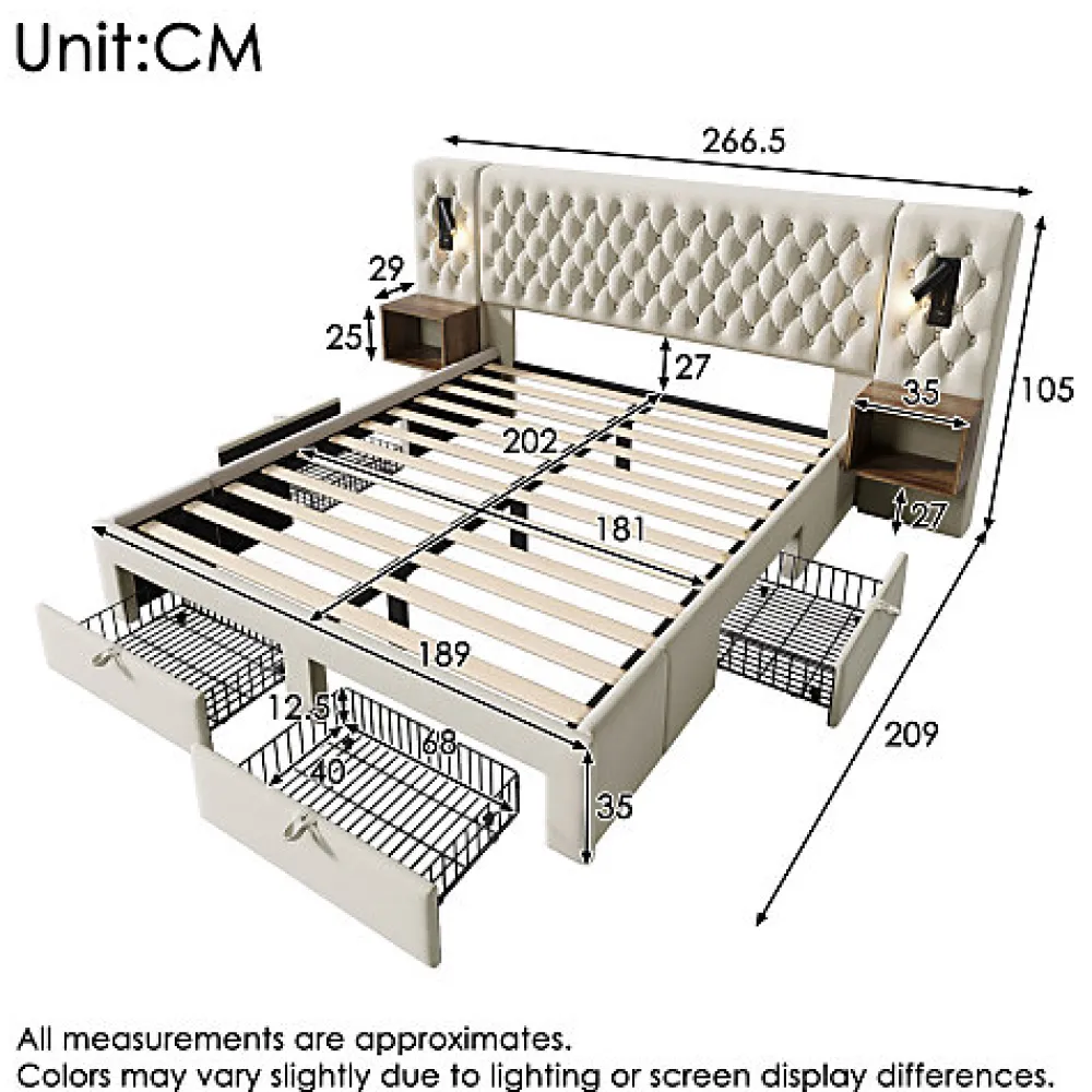 Lit adulte en velours 180x200 cm - avec 2 chevets et 4 tiroirs - 2 liseuses avec prise USB - Beige (matelas non inclus)>ModernLuxe