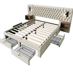 Lit adulte en velours 180x200 cm - avec 2 chevets et 4 tiroirs - 2 liseuses avec prise USB - Beige (matelas non inclus)><noscript><img width=