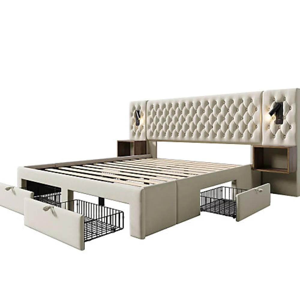 Lit adulte en velours 180x200 cm - avec 2 chevets et 4 tiroirs - 2 liseuses avec prise USB - Beige (matelas non inclus)>ModernLuxe