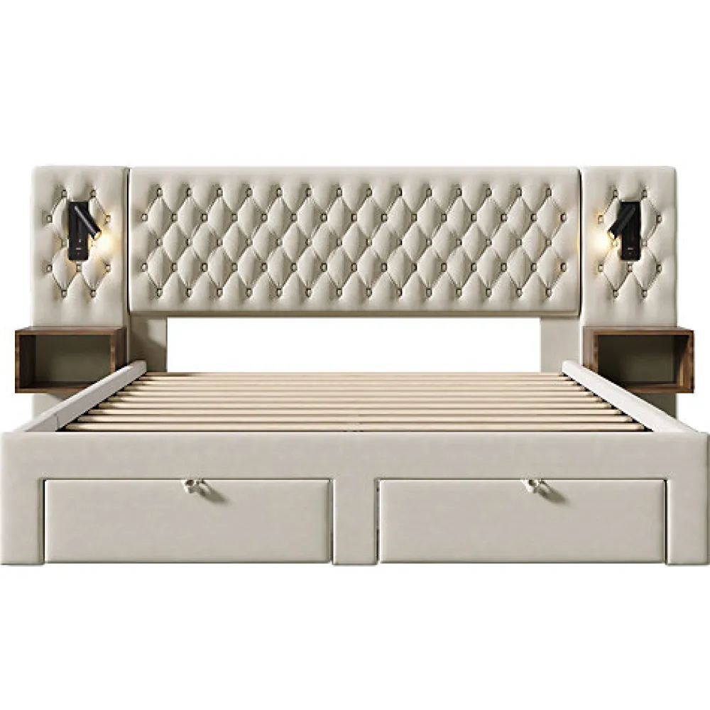 Lit adulte en velours 180x200 cm - avec 2 chevets et 4 tiroirs - 2 liseuses avec prise USB - Beige (matelas non inclus)>ModernLuxe