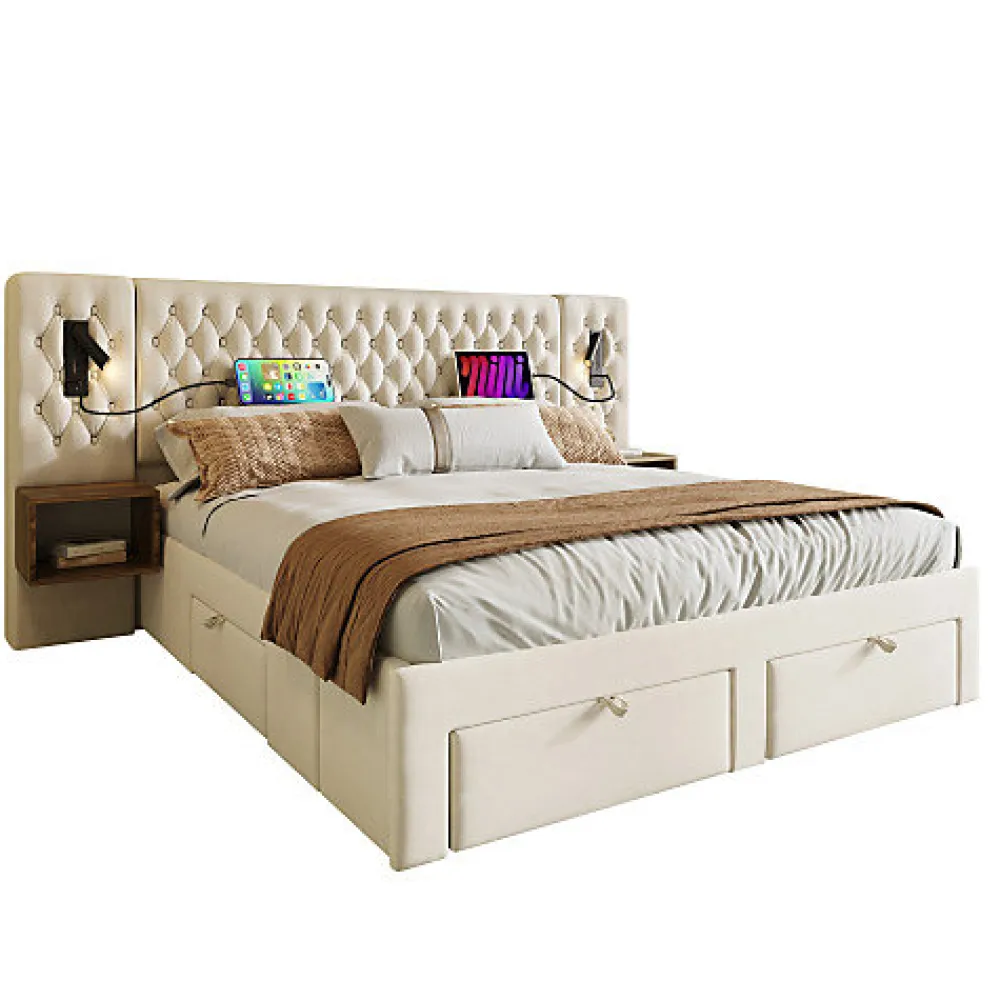 Lit adulte en velours 180x200 cm - avec 2 chevets et 4 tiroirs - 2 liseuses avec prise USB - Beige (matelas non inclus)>ModernLuxe