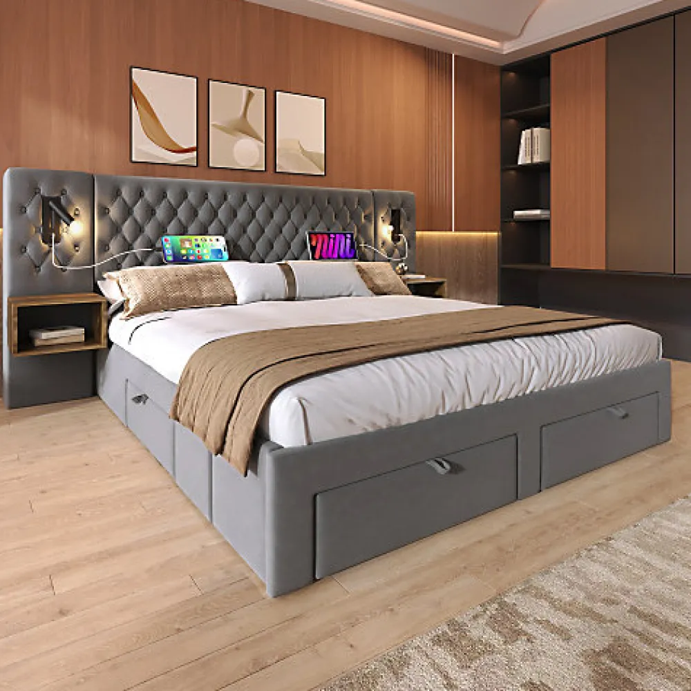 Lit adulte en velours 180x200 cm - avec 2 chevets et 4 tiroirs - 2 liseuses avec prise USB - Gris (matelas non inclus)>ModernLuxe