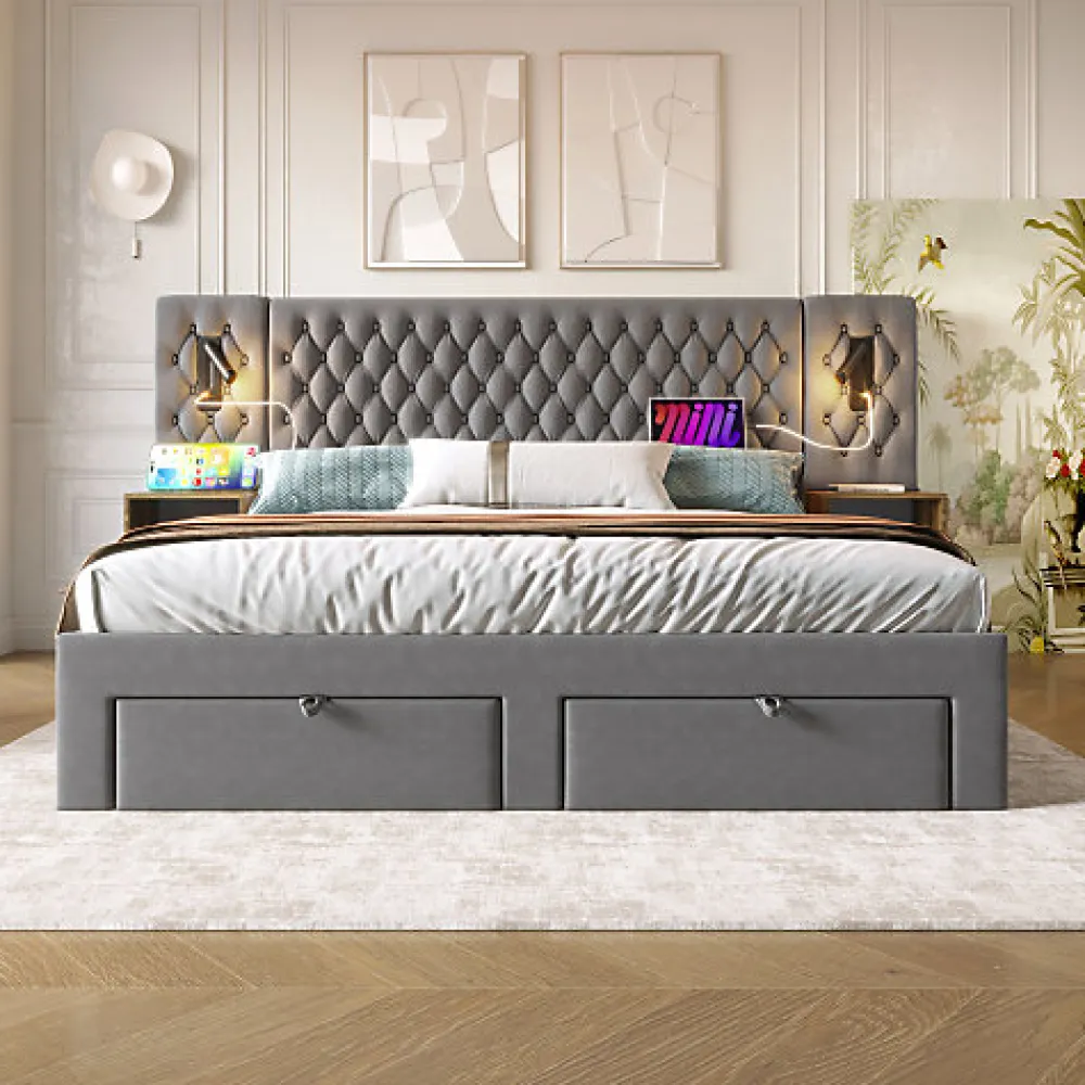 Lit adulte en velours 180x200 cm - avec 2 chevets et 4 tiroirs - 2 liseuses avec prise USB - Gris (matelas non inclus)>ModernLuxe