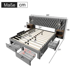 Lit adulte en velours 180x200 cm - avec 2 chevets et 4 tiroirs - 2 liseuses avec prise USB - Gris (matelas non inclus)><noscript><img width=