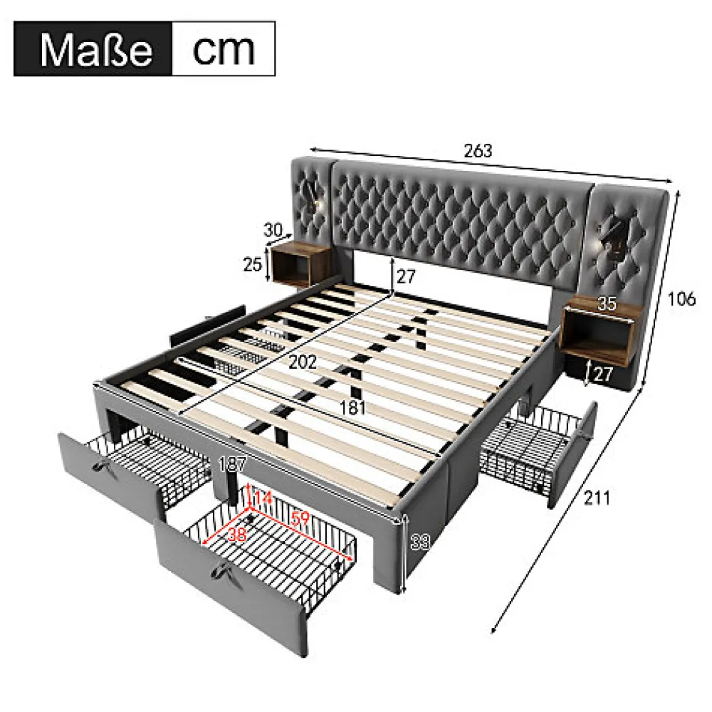 Lit adulte en velours 180x200 cm - avec 2 chevets et 4 tiroirs - 2 liseuses avec prise USB - Gris (matelas non inclus)>ModernLuxe