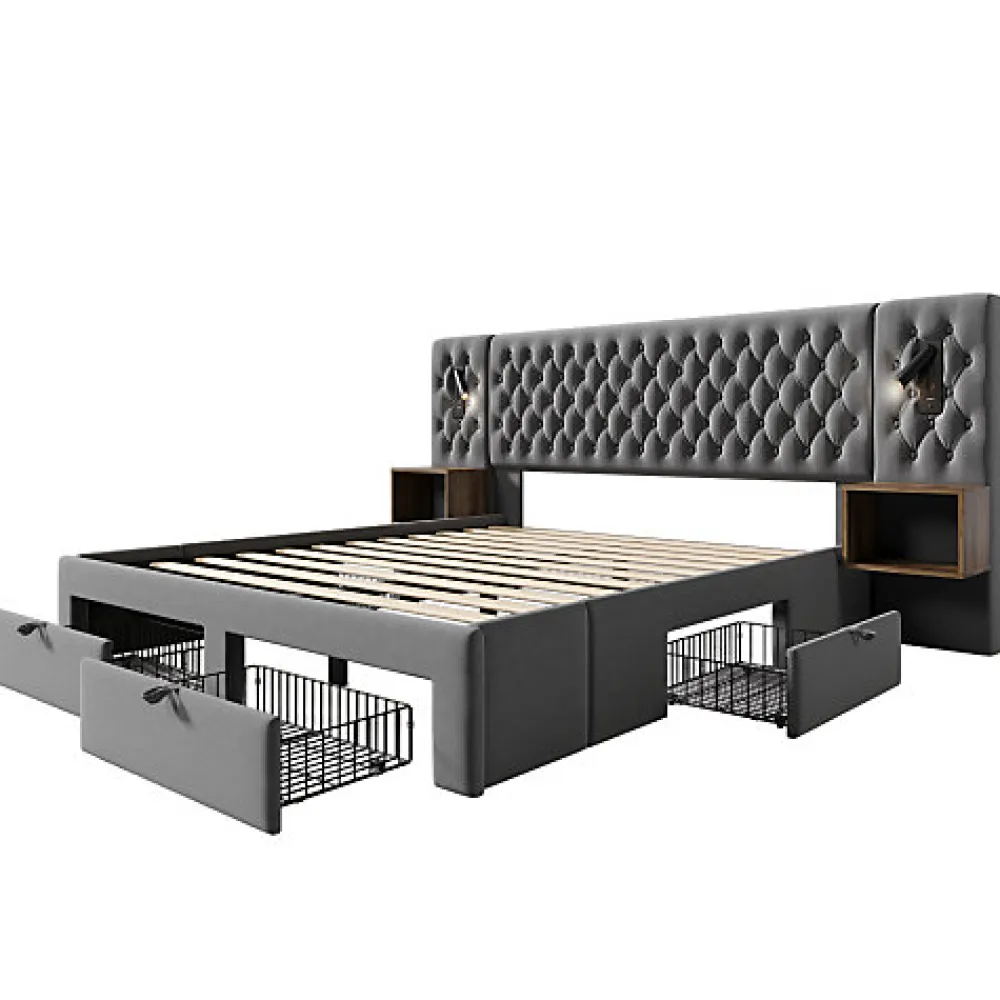 Lit adulte en velours 180x200 cm - avec 2 chevets et 4 tiroirs - 2 liseuses avec prise USB - Gris (matelas non inclus)>ModernLuxe