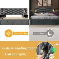 Lit adulte en velours 180x200 cm - avec 2 chevets et 4 tiroirs - 2 liseuses avec prise USB - Gris (matelas non inclus)><noscript><img width=