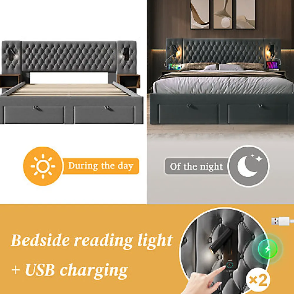 Lit adulte en velours 180x200 cm - avec 2 chevets et 4 tiroirs - 2 liseuses avec prise USB - Gris (matelas non inclus)>ModernLuxe