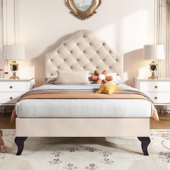 Lit adulte lit cadre à lattes en bois lit 90x200 cm lit rembourré Single velours beige>Gutent Best